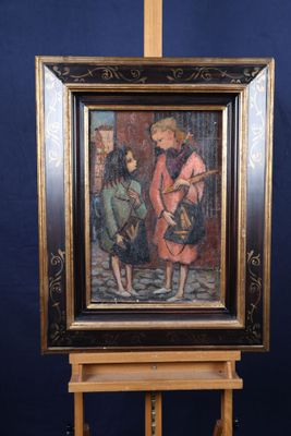 painting of a man and a woman standing in front of a blue wall