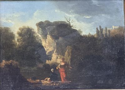 painting of a man and a woman in a landscape with a castle in the background