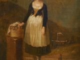 an oil painting of a woman in a white dress standing next to a basket