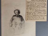 un vieux dessin représentant un homme assis sur une chaise à côté d'une feuille de papier