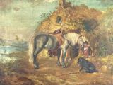 un tableau représentant deux chevaux et un chien dans un champ