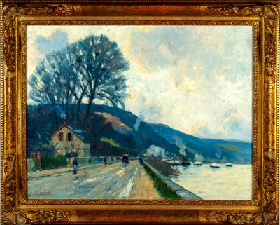 an image of a painting of a road by the water