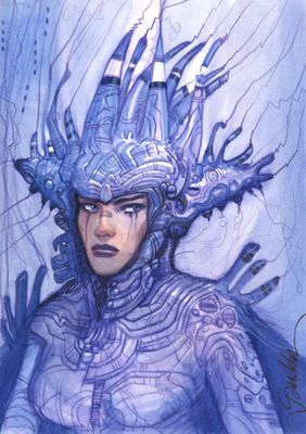 dessin représentant une femme vêtue d'un costume bleu, avec un dragon sur la tête