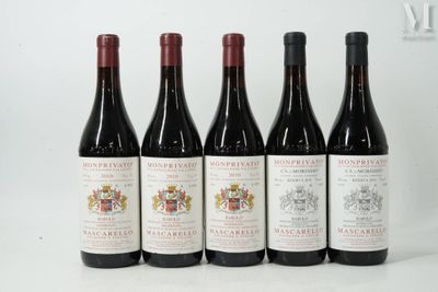 six bottles of red wine are lined up on a white surface
