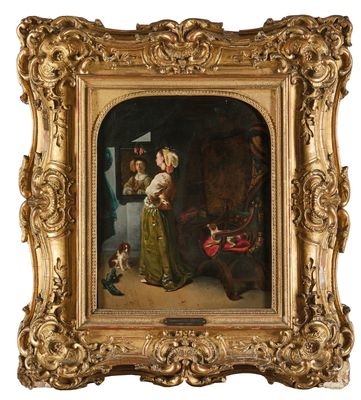 une image représentant un tableau où l'on voit une femme tenant un chien dans une pièce