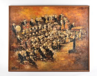 une peinture à l'huile représentant un groupe de personnes devant un bâtiment