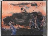 tableau représentant un groupe de zombies dans un champ, avec le ciel en arrière-plan