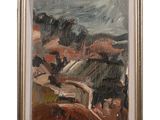 an oil painting of a landscape with mountains in the background