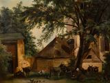 un tableau représentant une scène de ferme avec des animaux au premier plan
