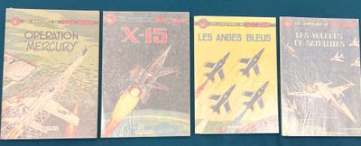 four books are lined up on a blue surface