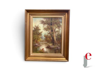 an image of a painting of a river with trees in the background