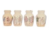 three vases with pictures of people on them sitting next to each other