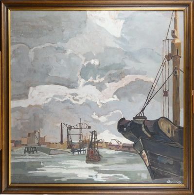 une image représentant une peinture d'une scène portuaire avec un bateau au premier plan