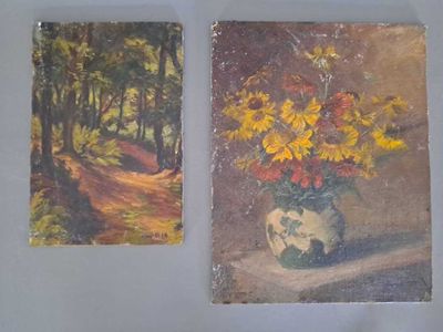 two paintings of flowers in a vase and a painting of a path