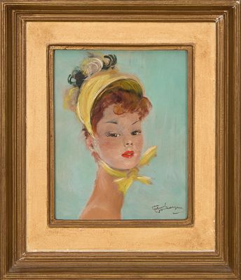 un tableau représentant une femme portant un chapeau jaune et une écharpe jaune