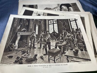 several black and white pictures of people in a room with a fireplace