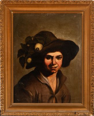 an oil painting of a man with a large hat on his head