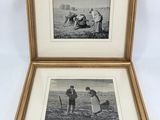 two framed pictures of people on a beach with a boat in the background