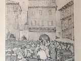 un dessin représentant un groupe de personnes au marché
