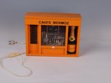 a small orange box with a bottle of wine in it