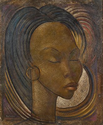 un tableau représentant le visage d'une femme aux cheveux noirs