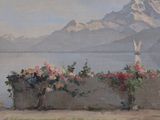 a painting of flowers on a stone wall by the water