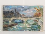 une peinture représentant un pont au-dessus d'une étendue d'eau