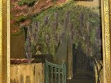 an oil painting of a house with a green gate and a flowering tree