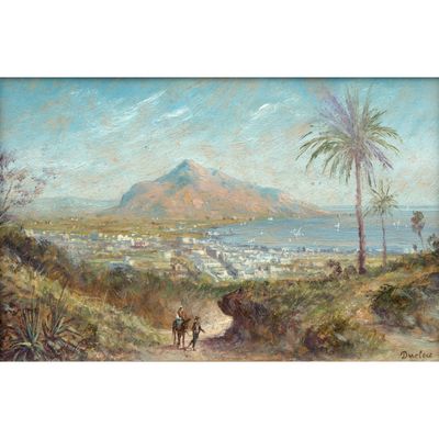 un tableau représentant une vue de plage avec des palmiers et une montagne en arrière-plan