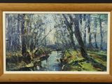 une peinture à l'huile représentant un ruisseau traversant une forêt remplie d'arbres