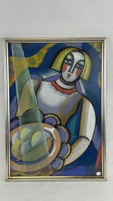 a painting of a woman holding a bowl of fruit