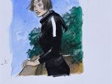 dessin représentant un homme vêtu d'une veste noire, debout près d'un arbre