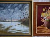 two paintings of flowers in a vase on a table next to a window