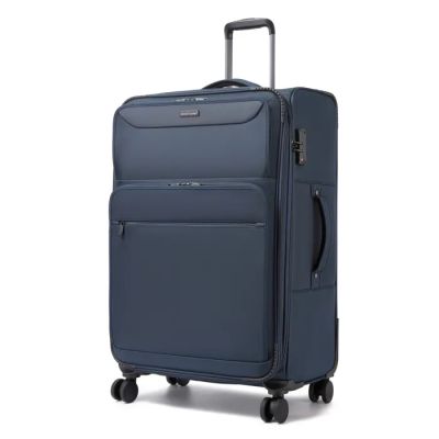 un gros plan d'une valise à roulettes sur fond blanc