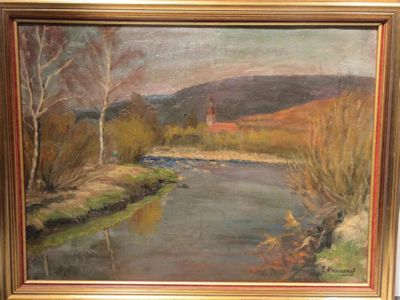 un tableau représentant une rivière avec une église en arrière-plan