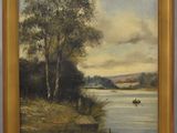 an oil painting of a river scene with a boat on the water