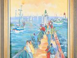 painting of a group of people on a pier with a boat in the background