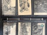 several old black and white photographs of people riding on a horse drawn carriage
