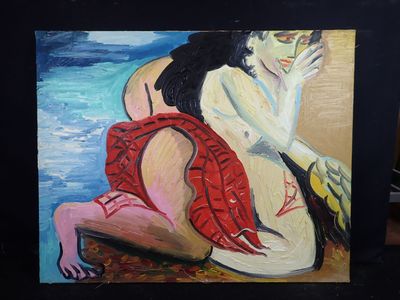 un tableau représentant une femme assise sur la plage