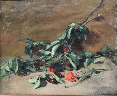 painting of a still life of cherries and leaves on a table