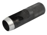 a close up of a black and silver metal tube with a white background