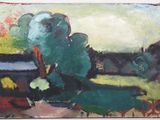an oil painting of a green tree in a field with a house in the background