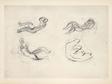 three drawings of a man and a woman swimming in the water