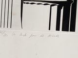 a black and white drawing of a chair and a table