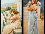 painting of two women sitting on a bench in front of a building