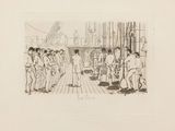 drawing of a group of people standing on a deck of a ship