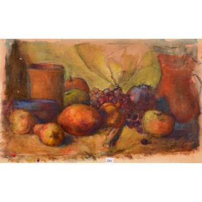 peinture d'une nature morte de fruits et d'un pichet sur une table