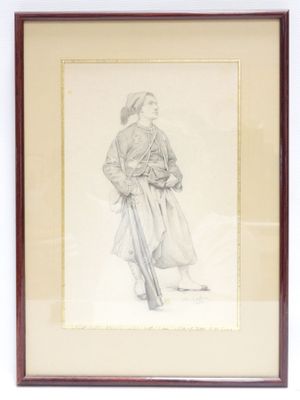 drawing of a man in a coat and hat holding a rifle