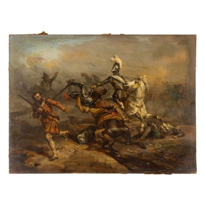 une image représentant un tableau où l'on voit un homme à cheval poursuivi par un autre homme à cheval
