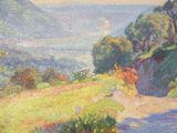 an image of a painting of a road going through a valley